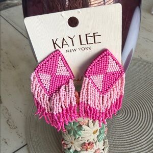NWT Kay Lee NY Pink  Beaded Fringe Earrings - Pierced